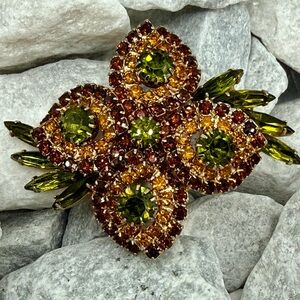 Vintage Juliana Style Rhinestone Floral Brooch Green Amber D&E Look